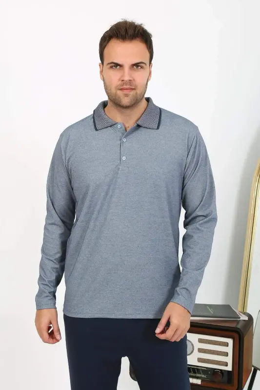 Angelino Men's Polo Neck Long Sleeve Cotton Pyjama Set Navy 6865 - 11