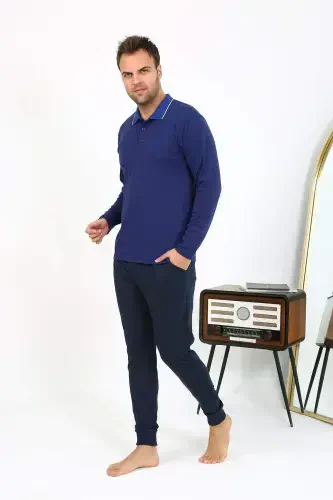 Angelino Men's Polo Neck Long Sleeve Cotton Pyjama Set Navy 6865 - 3
