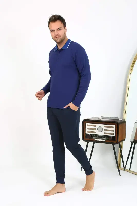 Angelino Men's Polo Neck Long Sleeve Cotton Pyjama Set Navy 6865 - 3
