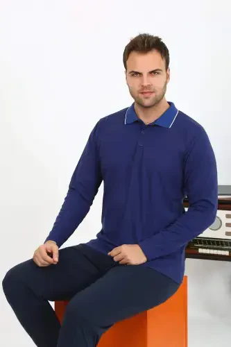 Angelino Men's Polo Neck Long Sleeve Cotton Pyjama Set Navy 6865 - 4