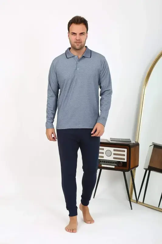 Angelino Men's Polo Neck Long Sleeve Cotton Pyjama Set Navy 6865 - 6