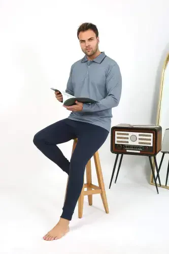 Angelino Men's Polo Neck Long Sleeve Cotton Pyjama Set Navy 6865 - 7