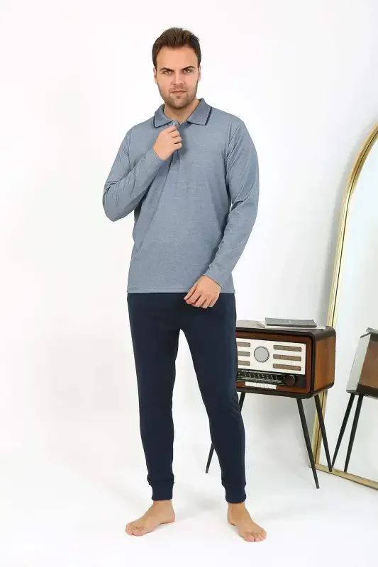 Angelino Men's Polo Neck Long Sleeve Cotton Pyjama Set Navy 6865 - 9