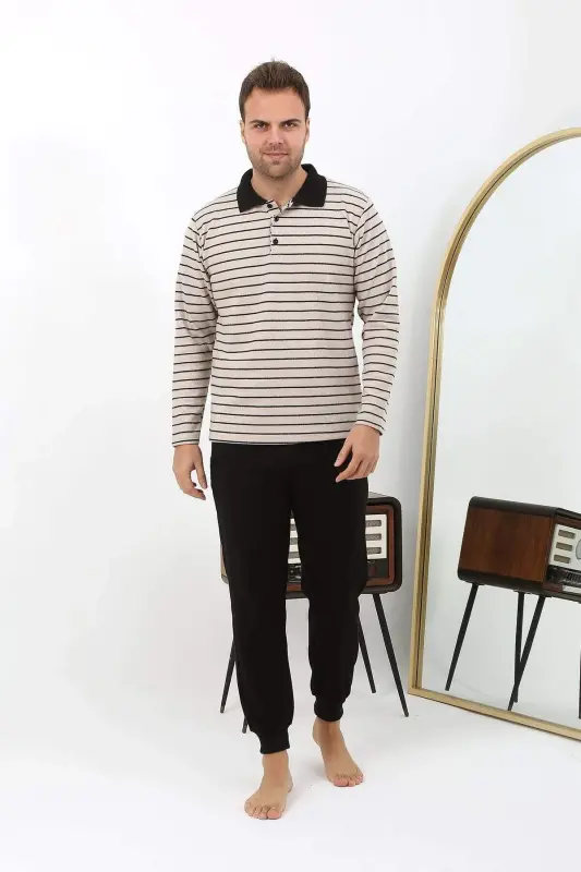 Angelino Men's Polo Neck Long Sleeve Knit Pajamas Set 6862 Cream - 5