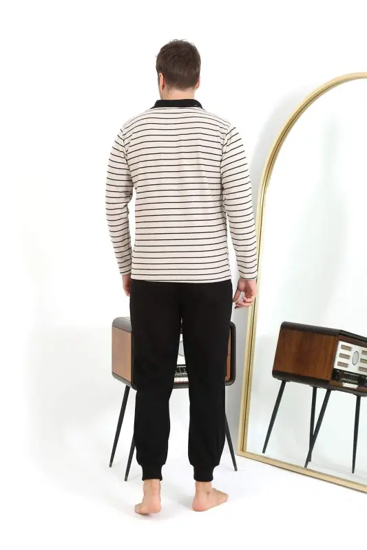 Angelino Men's Polo Neck Long Sleeve Knit Pajamas Set 6862 Cream - 6