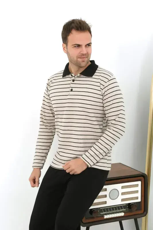 Angelino Men's Polo Neck Long Sleeve Knit Pajamas Set 6862 Cream - 1