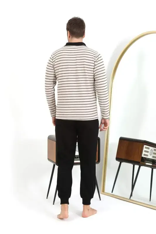 Angelino Men's Polo Neck Long Sleeve Knit Pajamas Set 6862 Cream - 6