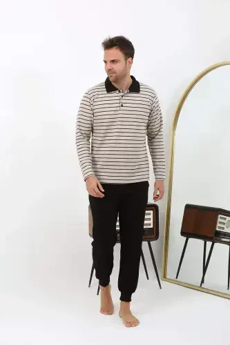 Angelino Men's Polo Neck Long Sleeve Knit Pajamas Set 6862 Cream - 8