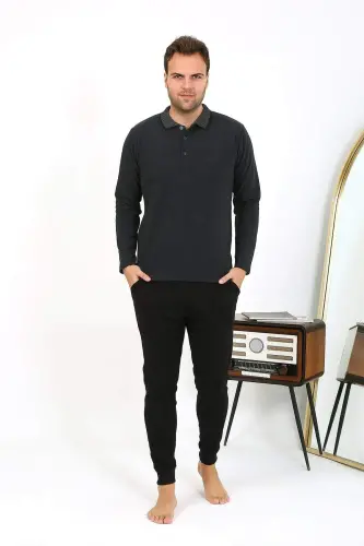 Angelino Men's Polo Neck Long Sleeve Knit Pajamas Set Anthracite 6865 - 1