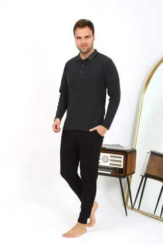 Angelino Men's Polo Neck Long Sleeve Knit Pajamas Set Anthracite 6865 - 2