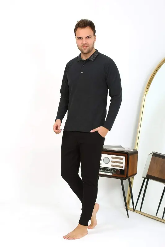 Angelino Men's Polo Neck Long Sleeve Knit Pajamas Set Anthracite 6865 - 2