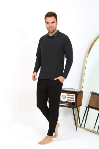 Angelino Men's Polo Neck Long Sleeve Knit Pajamas Set Anthracite 6865 - 9