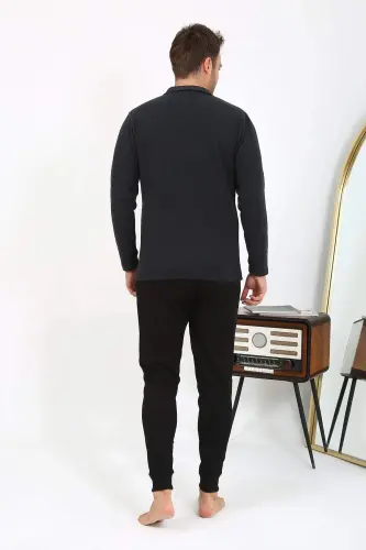Angelino Men's Polo Neck Long Sleeve Knit Pajamas Set Anthracite 6865 - 11