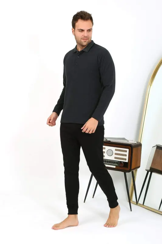 Angelino Men's Polo Neck Long Sleeve Knit Pajamas Set Anthracite 6865 - 12