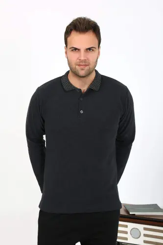 Angelino Men's Polo Neck Long Sleeve Knit Pajamas Set Anthracite 6865 - 14