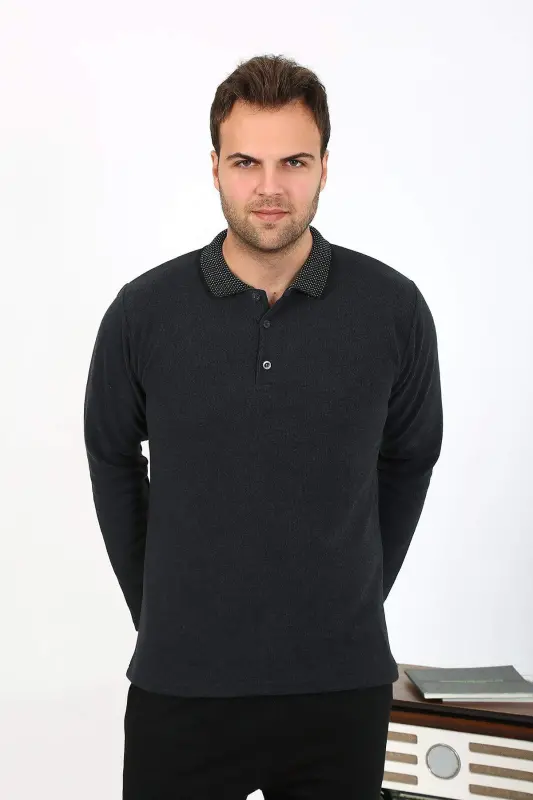 Angelino Men's Polo Neck Long Sleeve Knit Pajamas Set Anthracite 6865 - 14