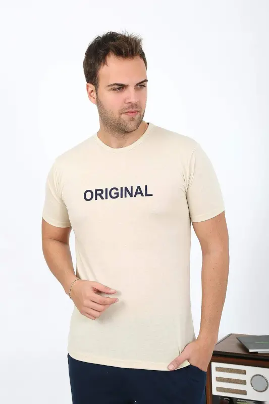 Angelino Men's Short Sleeve Cotton Pajamas 6867 Cream - BÜYÜKBEDENIZ