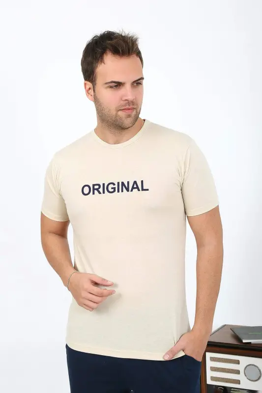 Angelino Men's Short Sleeve Cotton Pajamas 6867 Cream - 7