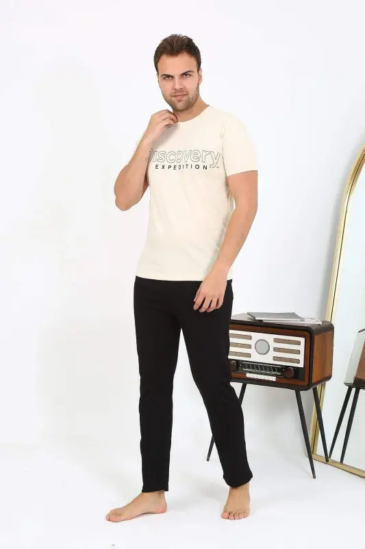 Angelino Men's Short Sleeve Cotton Pajamas Set 6866 Cream - 9