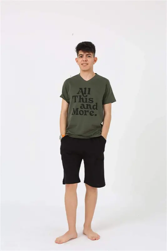 Angelino Men's Young Waiter Boy Short Sleeve Khaki Knitted Shorts Pajamas Set 20377 - 6