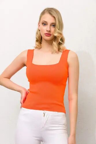 Angelino Orange Square Neck Strappy Crop Top Knitwear - 6
