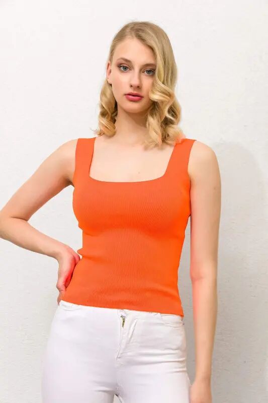 Angelino Oranj Kare Yaka Askılı Crop Top Triko - 6