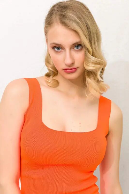 Angelino Oranj Kvadrat Yoqa Elikli Crop Top Trikotaj - 4