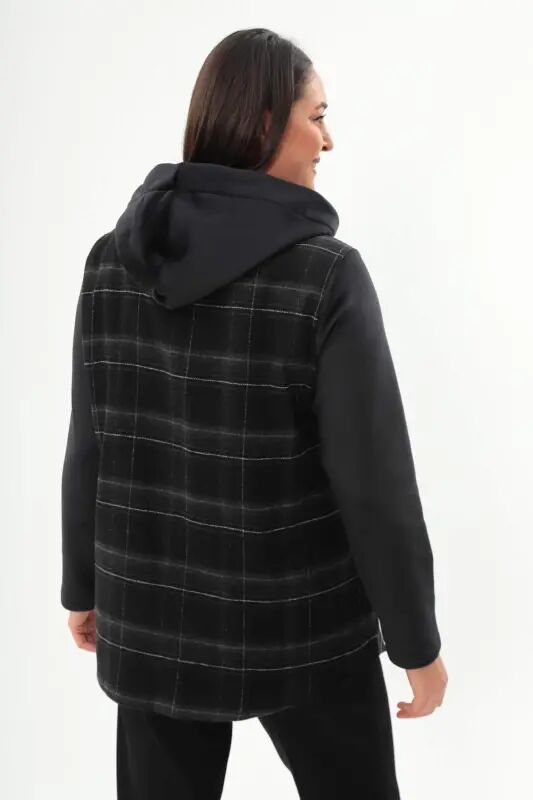 Angelino Plaid Pattern Snap Button Detailed Pocket Black Coat - 5