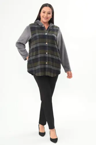 Angelino Plaid Pattern Snap Button Detailed Pocket Detailed Khaki Coat - 1