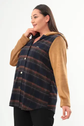 Angelino Plaid Pattern Snap Button Pocket Detailed Indigo Coat - BÜYÜKBEDENIZ (1)