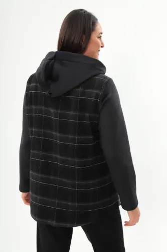 Angelino Plaid Snap Button Pocket Detailed Black Coat - 5