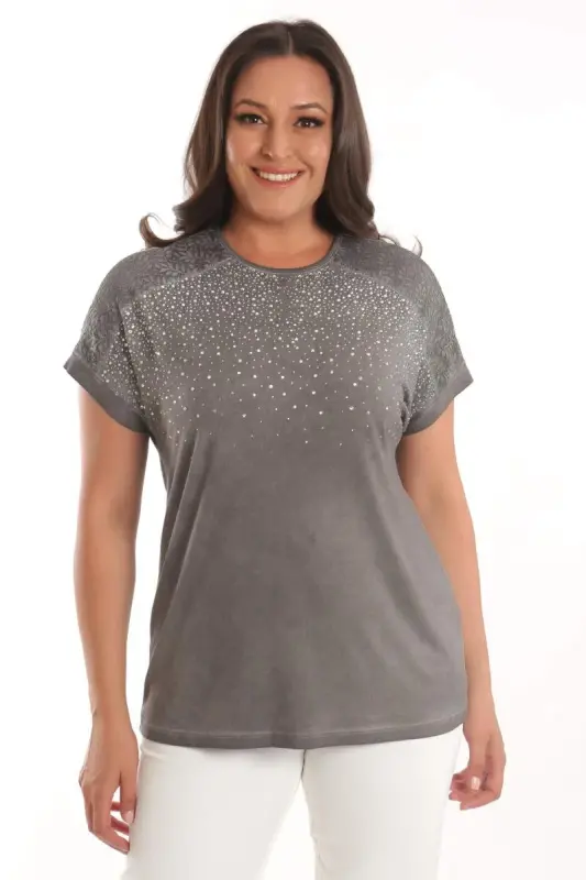 Angelino Plus Size Anthracite Stone Printed Shoulder Lace Detailed Batik Washed Blouse - BÜYÜKBEDENIZ