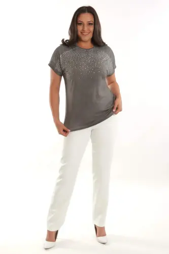 Angelino Plus Size Anthracite Stone Printed Shoulder Lace Detailed Batik Washed Blouse - BÜYÜKBEDENIZ (1)