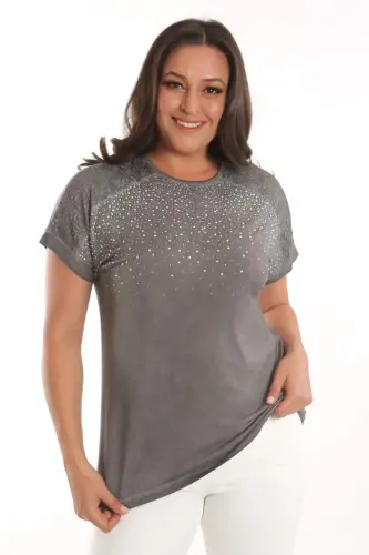 Angelino Plus Size Anthracite Stone Printed Shoulder Lace Detailed Batik Washed Blouse - 3