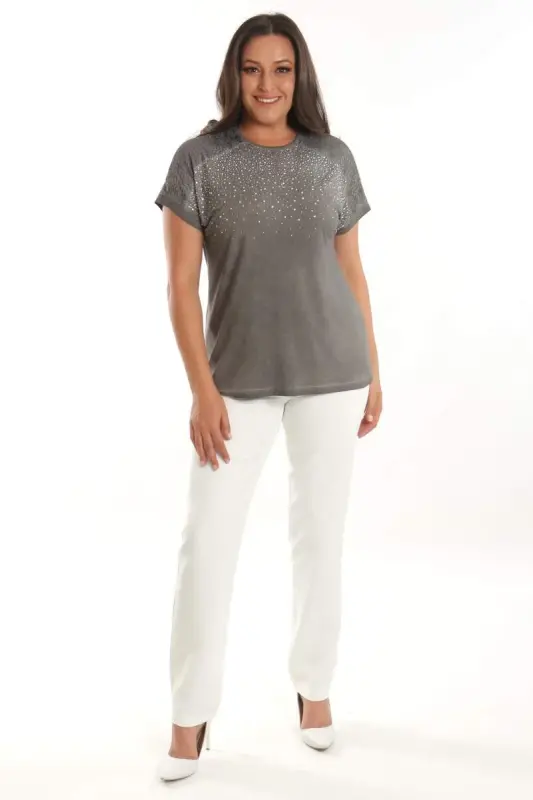 Angelino Plus Size Anthracite Stone Printed Shoulder Lace Detailed Batik Washed Blouse - 4