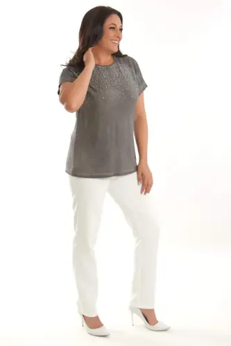 Angelino Plus Size Anthracite Stone Printed Shoulder Lace Detailed Batik Washed Blouse - 5