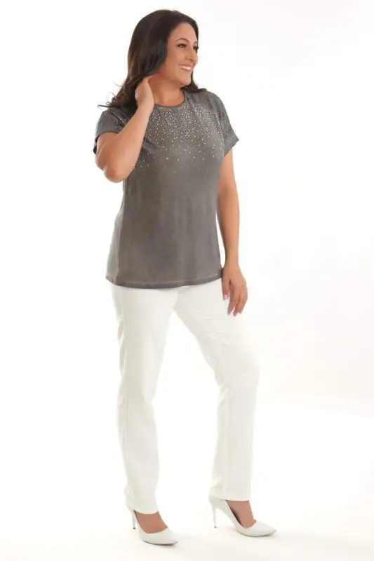 Angelino Plus Size Anthracite Stone Printed Shoulder Lace Detailed Batik Washed Blouse - 5