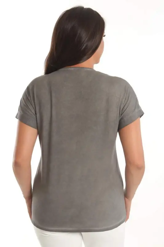 Angelino Plus Size Anthracite Stone Printed Shoulder Lace Detailed Batik Washed Blouse - 6