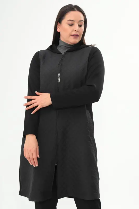 Angelino Plus Size Argyle Pattern Zippered Black Coat - 3