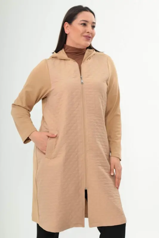 Angelino Plus Size Argyle Patterned Zippered Beige Coat - 3