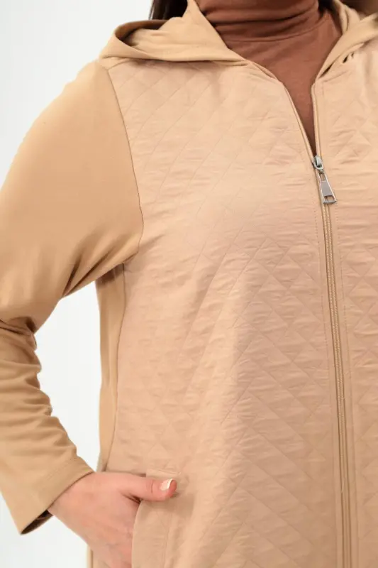 Angelino Plus Size Argyle Patterned Zippered Beige Coat - 4