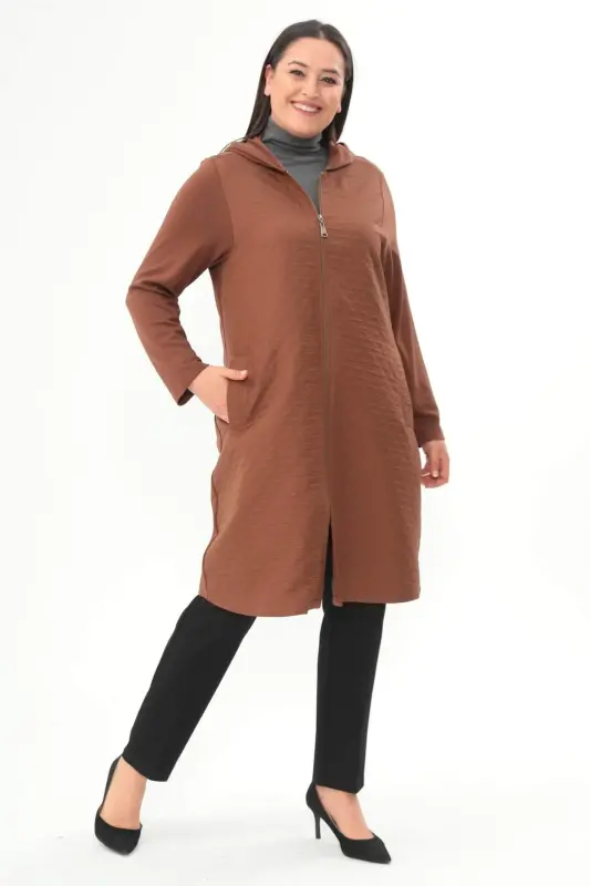 Angelino Plus Size Argyle Patterned Zippered Brown Coat - 1