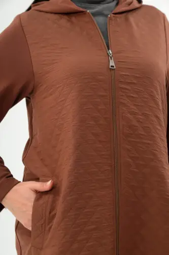 Angelino Plus Size Argyle Patterned Zippered Brown Coat - 4