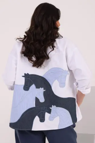Angelino Plus Size Back Horse Embroidery Detailed Oversize White Shirt - 3