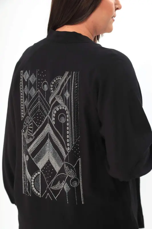 Angelino Plus Size Back Stone Printed Oversize Black Jacket - 5