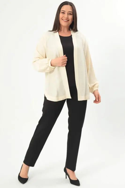 Angelino Plus Size Back Stone Printed Oversize Ecru Jacket - 3