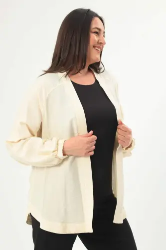 Angelino Plus Size Back Stone Printed Oversize Ecru Jacket - 4