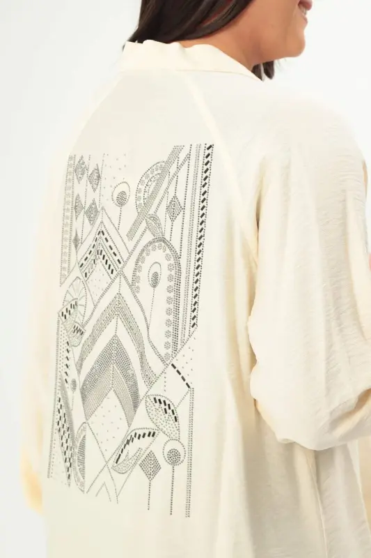 Angelino Plus Size Back Stone Printed Oversize Ecru Jacket - 5