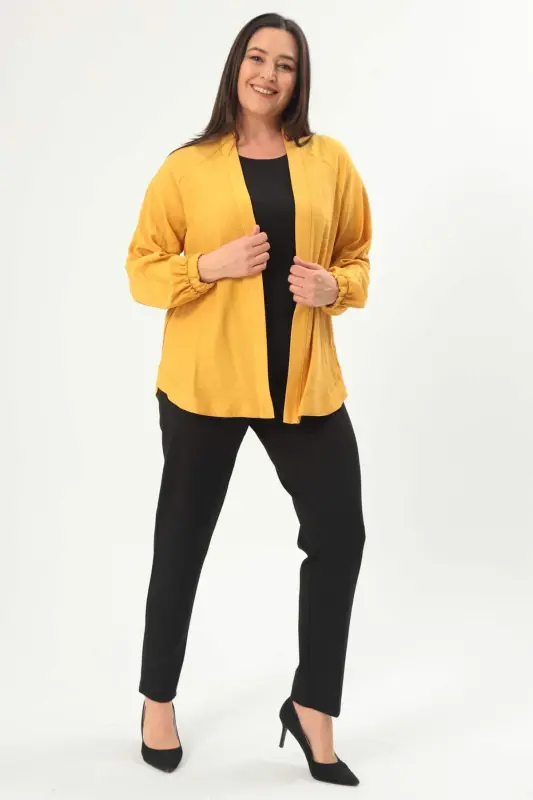 Angelino Plus Size Back Stone Printed Oversize Mustard Jacket - BÜYÜKBEDENIZ