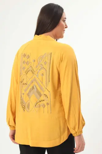 Angelino Plus Size Back Stone Printed Oversize Mustard Jacket - BÜYÜKBEDENIZ (1)
